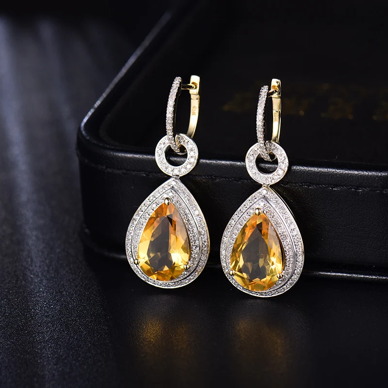 Цитриновые серьги для женщин 14Kt из желтого золота натуральный 10x14 мм Груша Желтый Цитрин бриллианты висячие серьги хорошее ювелирное изделие OL стиль