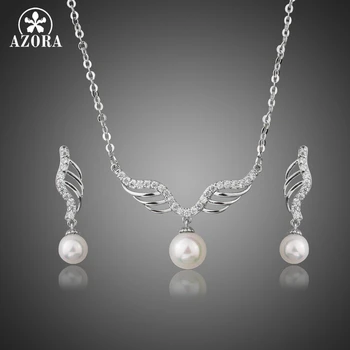

AZORA Angel's Wings Stellux Austrian Crystal with Imitation Pearl Pendant Necklaces and Drop Earrings Jewelry Sets TG0230