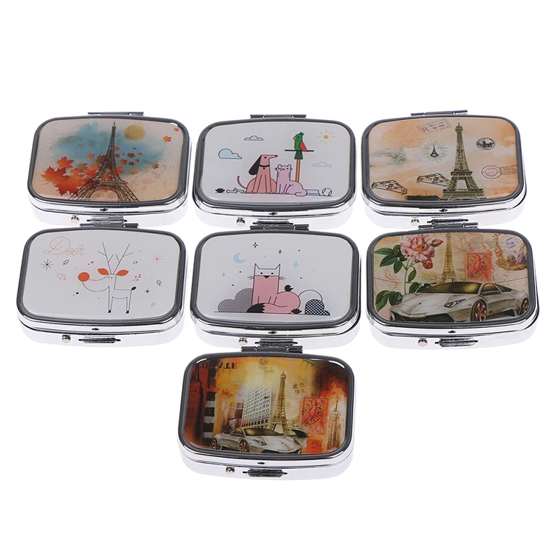 

Portable Metal Square Flower Print Organizer Compartment Pill Case Storage Tablet Container Medicine Box 5.5*4.4cm