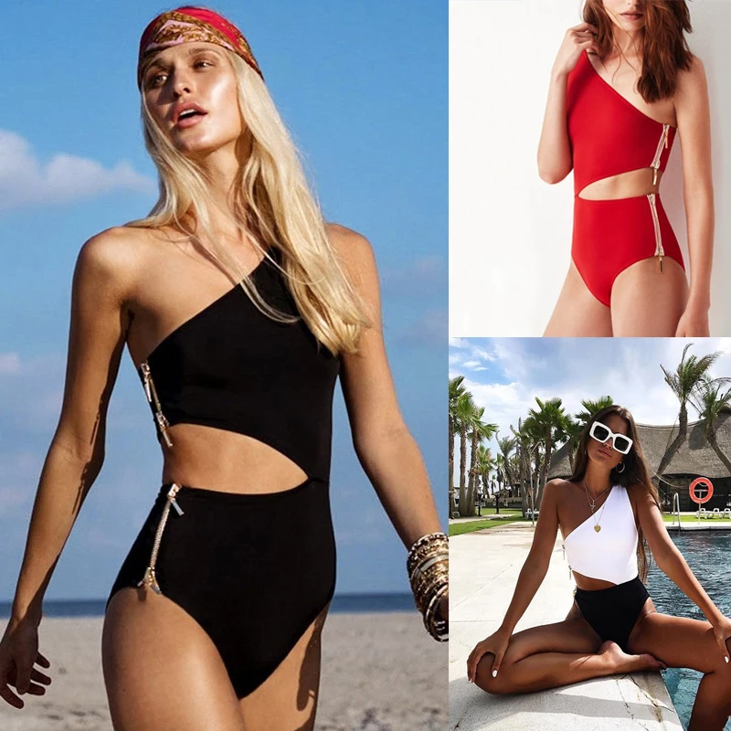 

2019 One Piece Swimsuit Women Zipper One Shoulder Swimwear Female High Cut One-Piece suit Sexy Bathing suit Monokini Swim wear