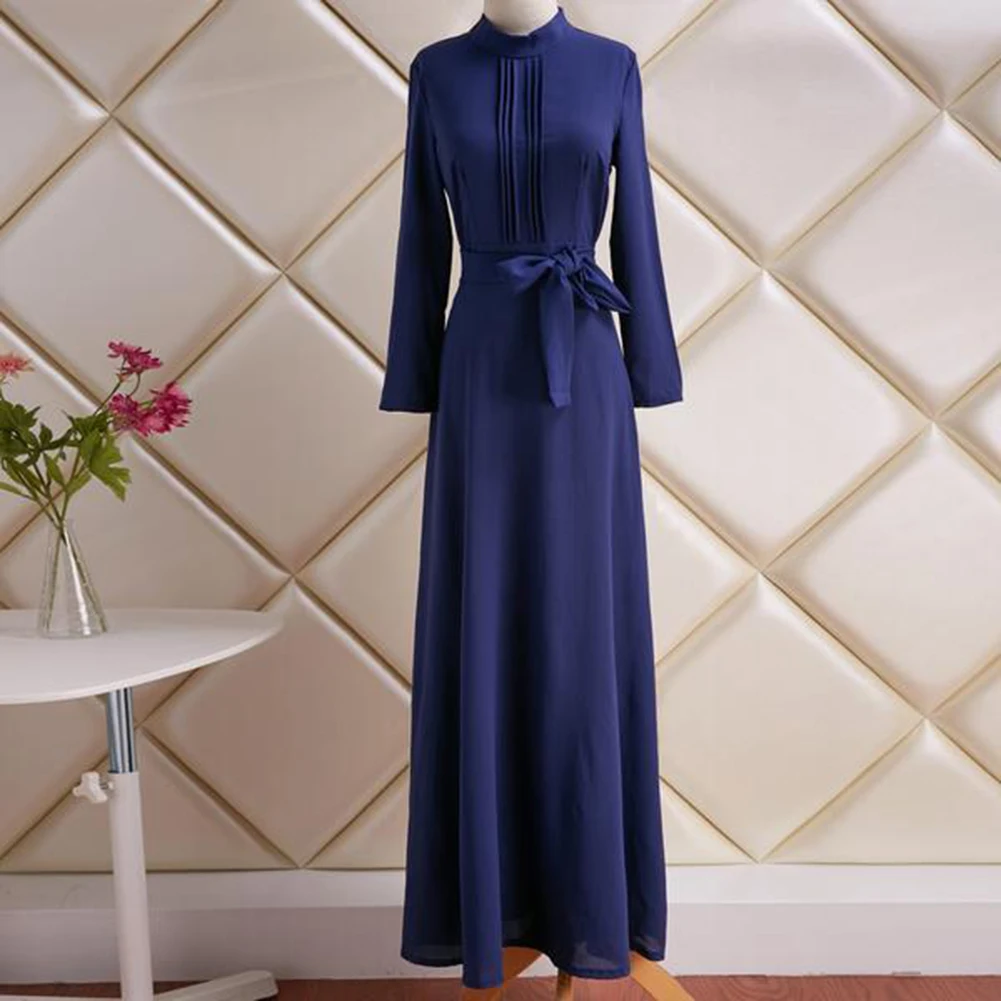 

Women Long Sleeve Long Dress European Fashion Aristocratic Temperament Pleated Lace-up Dresses Slim Drawstring Maxi Long Dress