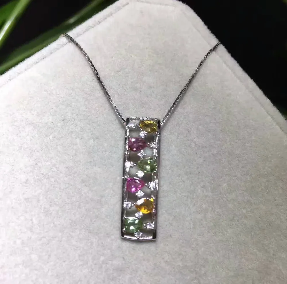  Naturel multicolore tourmaline pendentif naturel pierre gemme pendentif collier 925 argent mode rec