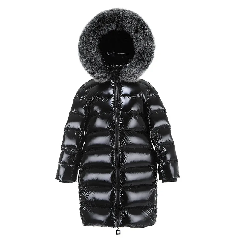 

Boys Girls Long Down Jacket Children Big Fox Fur Collar Down Coat Raccoon Fur Hooded Black Jacket Children Clothes