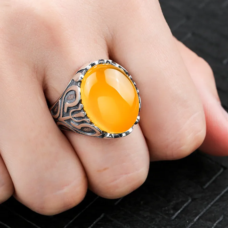 

14*18mm NOT FAKE S925 Sterling Silver Ukraine Amber Rings Exaggerated Rings health rich lithuania Retro Chalcedony