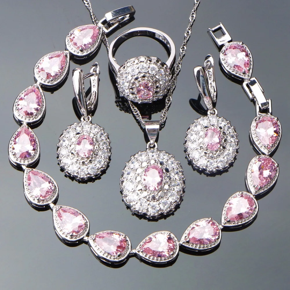 

Costume 925 Sterling Silver Jewelry Sets Pink Zircon Earrings Wedding Jewelry For Women Bracelet Ring Necklace Set Gifts Box