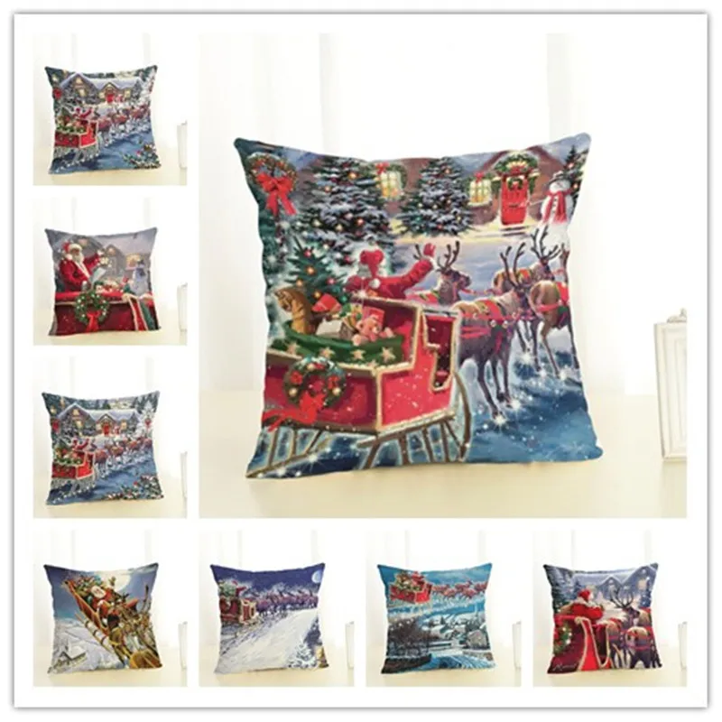 45x45cm New Santa Claus Elk Linen Pillowcase Office Home Cushion Covers New Year Decor Merry Christmas Decorations for Home  (1)