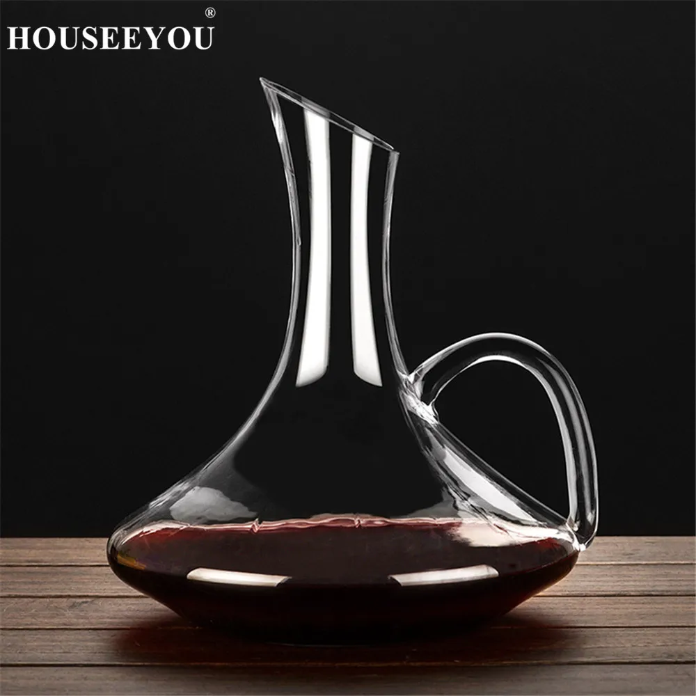 HOUSEEYOU 1300ML Flat Base with Handle Red Wine Decanter Handmade Transparent Crystal Glass Wine Bottle Whiskey Drink Bar Set