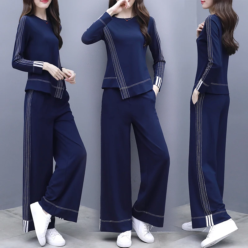 Весенние Женский комплект 2 шт. с широкими штанинами Pantalon Femme Conjunto Feminino Ensemble Deux Pieces
