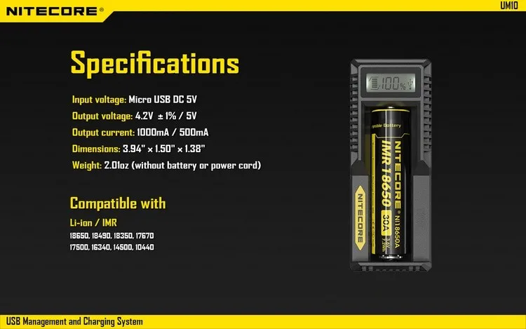 TOPSALE NITECORE умное зарядное устройство UM10 Digi зарядное устройство с ЖК-дисплеем Универсальное USB Питание Литий-ионная IMR батарея адаптер питания для путешествий