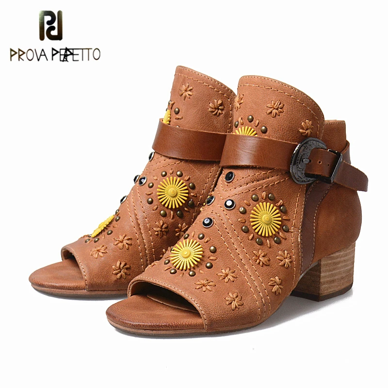 Scarpe Fondo Ankle Roma Med coffee Sandali Donna Boot Mucca Heels Floreale Peep Stivali Toe Da Scarpa Pelle Light Di Estate In Brown Prova 2017 Perfetto Rivetti ON8PXnw0k
