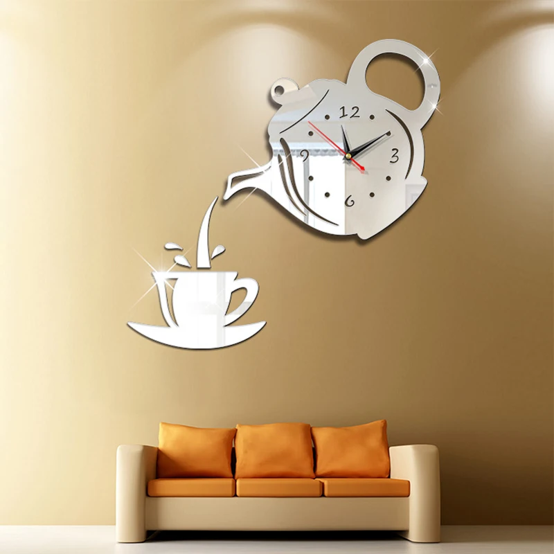 

DIY creative teapot wall clock Home Decor Clock Decorative Kitchen Coffee Cup Teapot 3D Wall Clock Living Room Dining Room