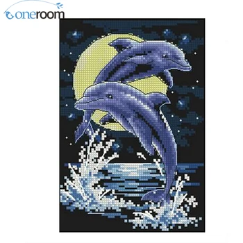 

eedlework,DIY 14CT unprinted Cross stitch Embroidery moon dolphin pattern Counted White canvas Cross-Stitching handmade