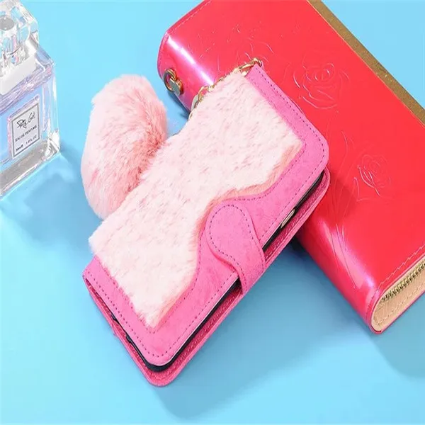 Чехол i7 7 Plus, 2 в 1, Магнитный съемный кошелек, чехол из кроличьего меха для Iphone 7, 7 Plus, пушистый меховой шар, чехол+ слот для карт, чехол для телефона - Цвет: rose pink