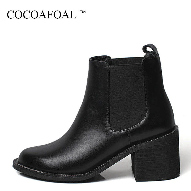

COCOAFOAL Woman Fashion Sexy High Heeled Ankle Boots Autumn Winter Chivalry Boots Black Genuine Leather Plus Size Martin Boots