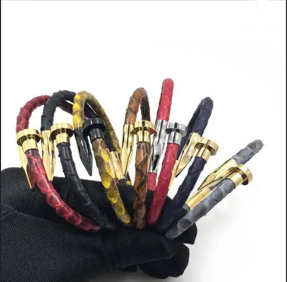 

Luxury Genuine Python Leather Stainless Steel Nail Bracelet Handmade Stainless Steel Python Skin Leather Magnetic Bracelet YM-15