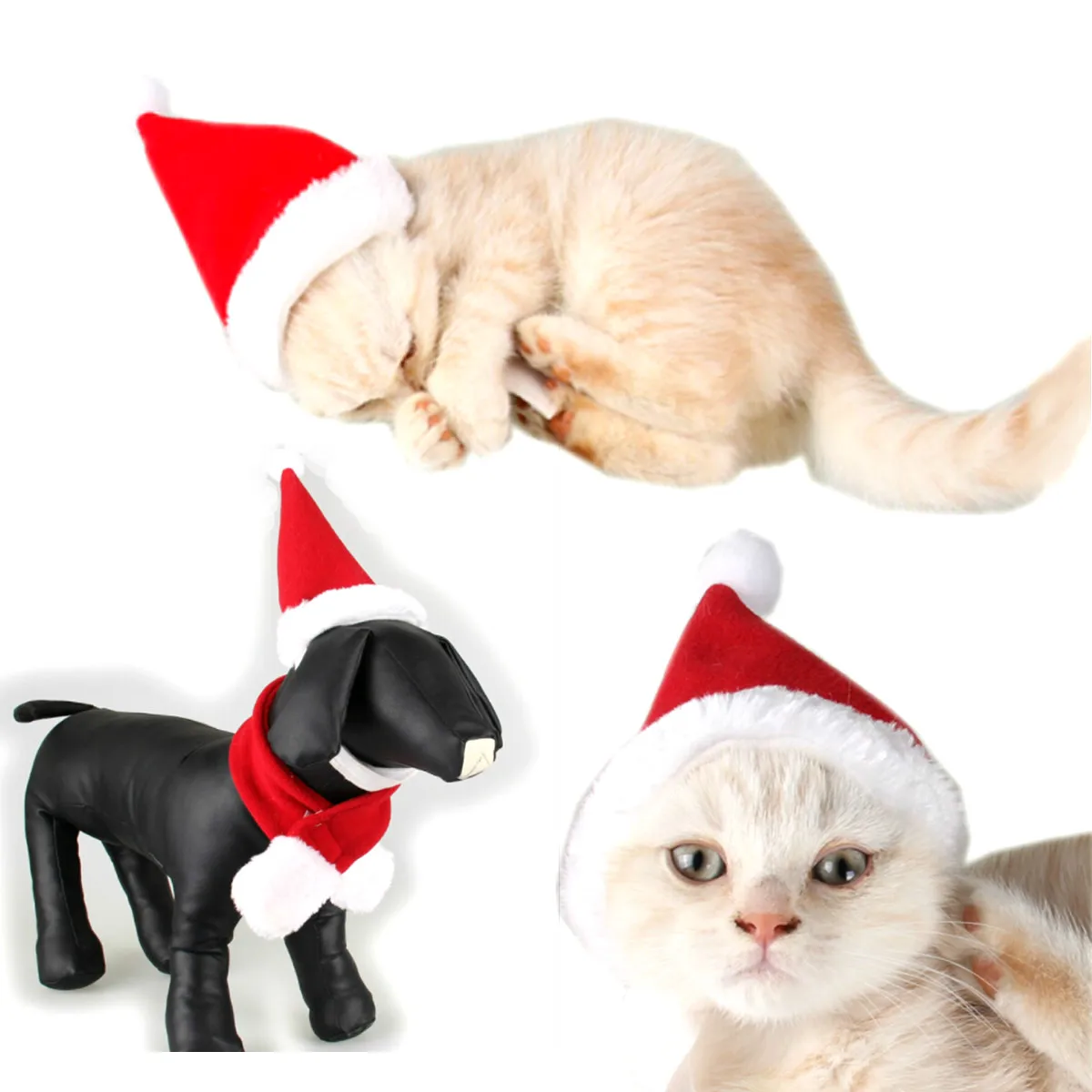 

Christmas 2PCs Pet Cat Dog Velvet Santa Hat+Scarf Xmas Costume Apparel Larger Puppy Dog Cat Clothing