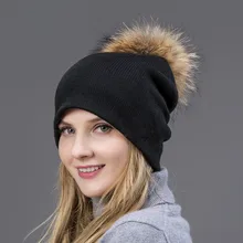 Шерстяная вязаная шапка весна-осень теплые наушники женская шляпа красивая женщина колпачок с лисьим мехом или енота меховым помпоном на вершине