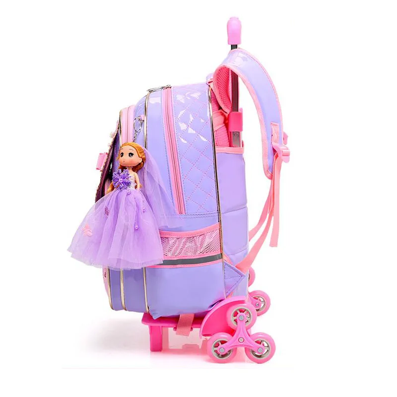 Детские школьные рюкзаки для девочек с узором в виде сердца; школьная сумка-тележка с 3 Колеса детский мультяшный рюкзак Водонепроницаемый из искусственной кожи сумка