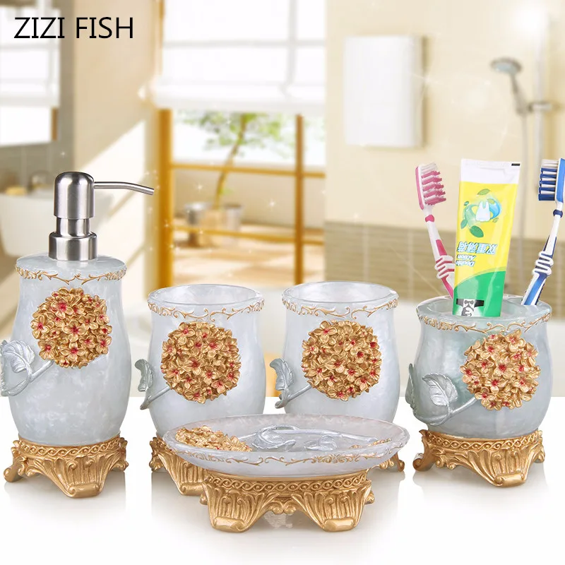 5pcs Wedding Bathroom Set Resin Accessories Soap 5pcs Wedding Bathroom Set Resin Accessories Soap Dispenser Toothbrush Holder Tumbler Dish Products