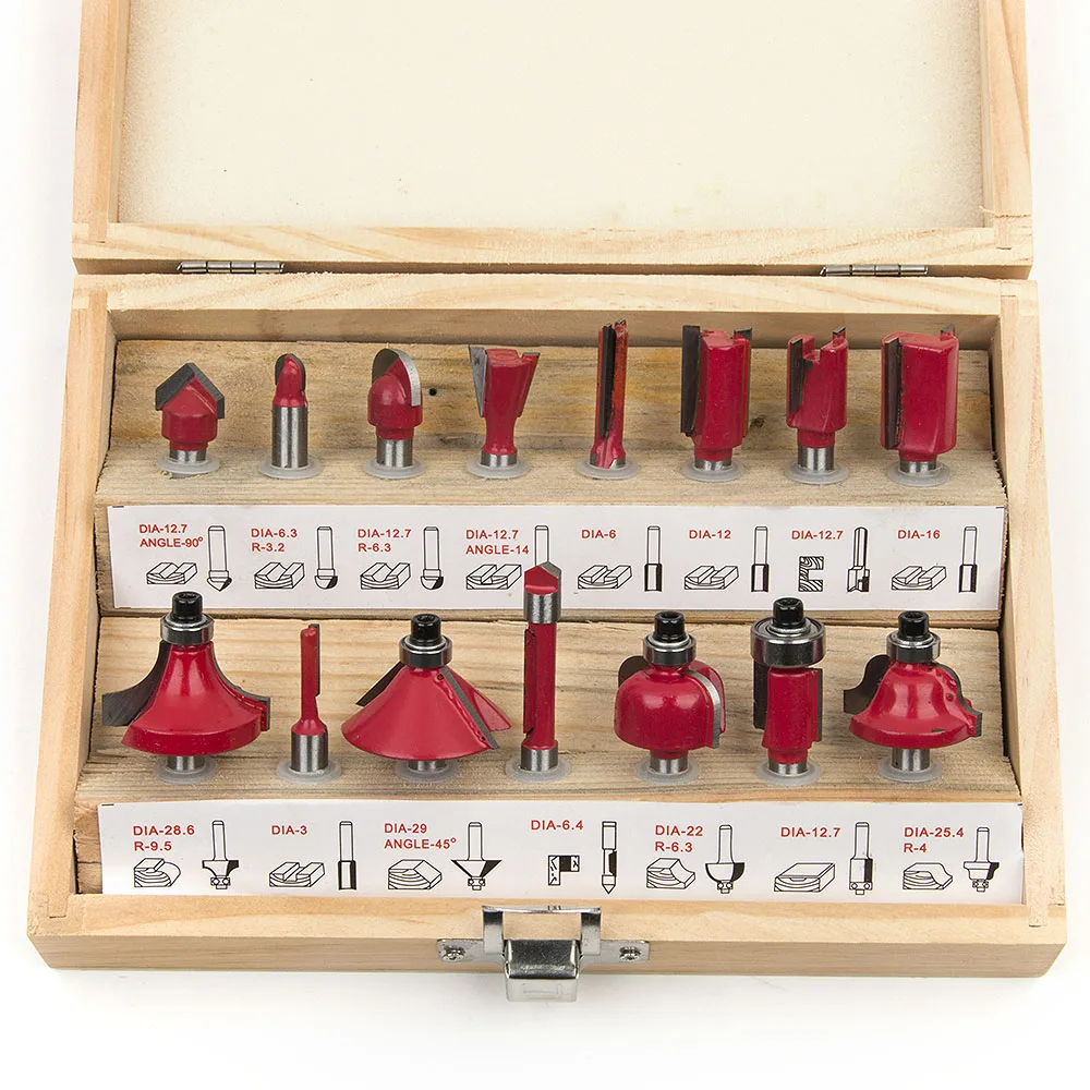 Hakkin 15pcs Milling Cutter Router Bit Set 6.35mm Wood Cutter Carbide