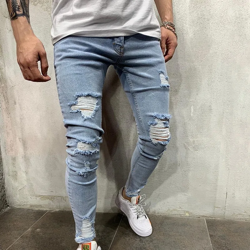 Blog SHUJIN Cotton Streetwear Men Jeans Destroyed Ripped Design Pencil Pants Ankle Skinny Men Full Length Vintage Jeans Hole Trousers