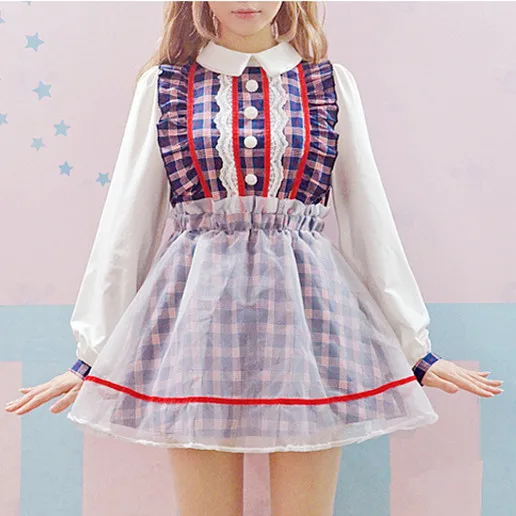 Платье с длинным рукавом имитация двух частей Kawaii японское женское платье
