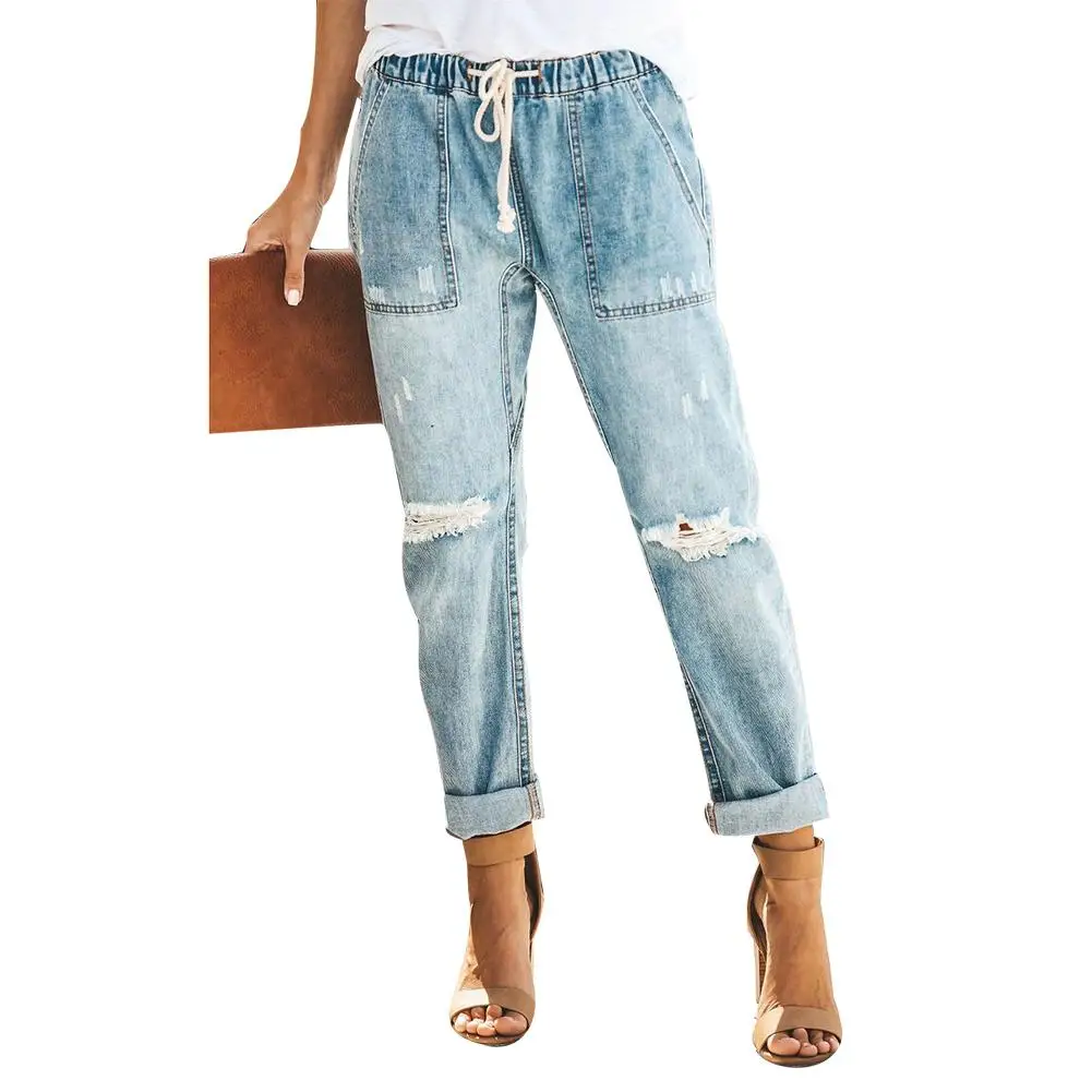 

Fashion Distressed Knee Ripped Women Summer Holes Loose Trouser Drawstring Elastic Waist Pockets Long Pencil Denim Jeans Pants