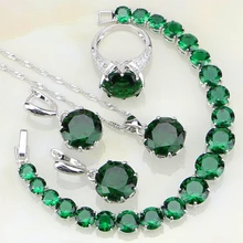925 пробы серебряные ювелирные изделия зеленые камни по месяцу рождения белый циркон Ювелирные наборы для женщин вечерние кольца/серьги/кулон/ожерелье/браслет
