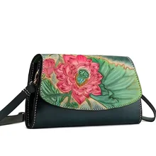 Винтажная кожаная дизайнерская женская зеленая сумка на плечо ручной работы из натуральной кожи с резным цветком лотоса