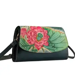 Винтаж кожа резные цветок лотоса дизайнер Пояса из натуральной кожи ручной работы Для женщин зеленый Сумка Дамы Кошелек sling bag