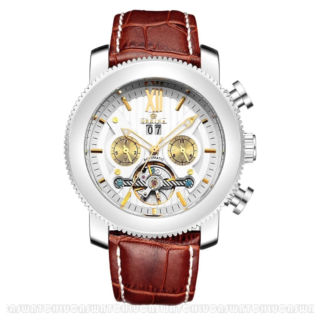ORKINA KC105 Мужские часы с золотым ободком механические кожаным ремешком для дня и
