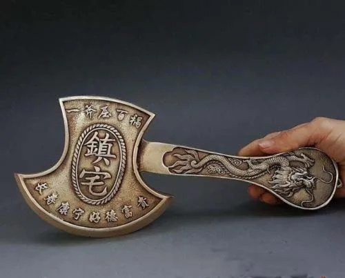 

Decorated Old Handwork Miao Silver Carved Dragon Exorcism Axe Statue
