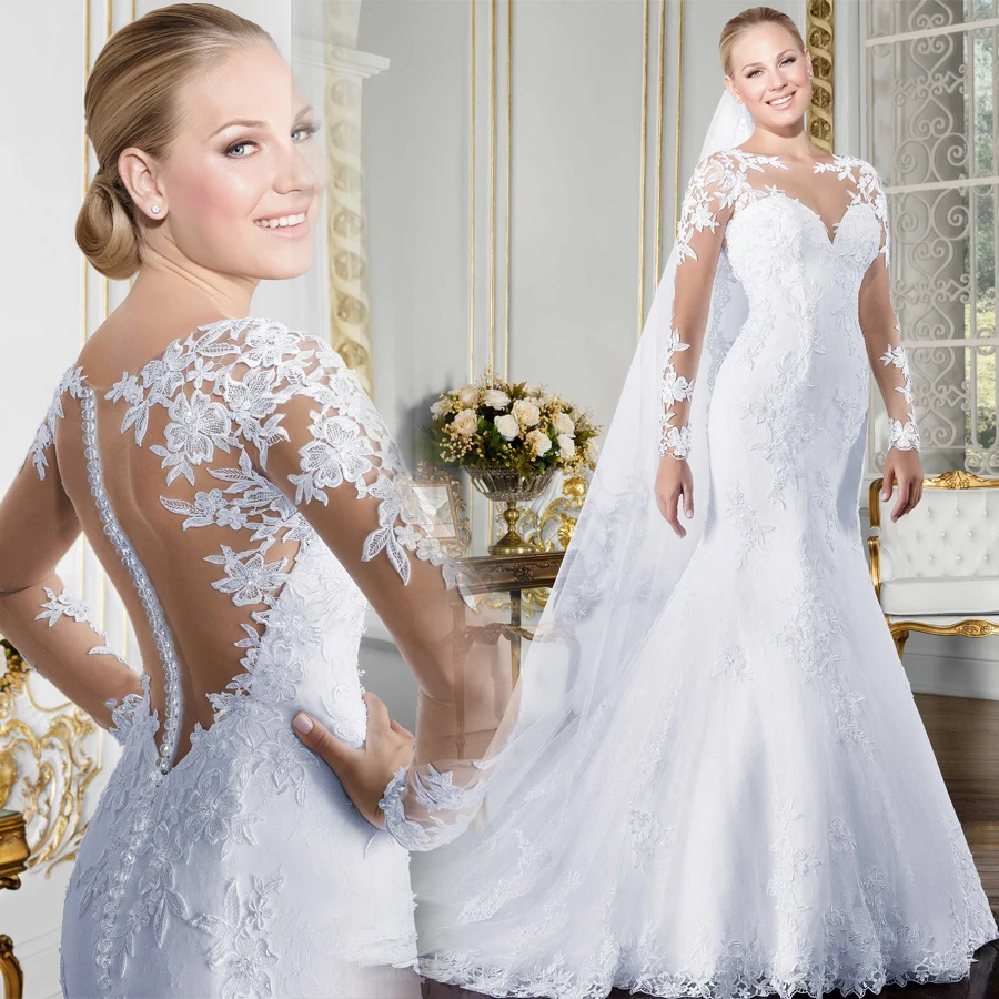 Sheer O-hals Lange Mouwen Mermaid Wedding Dress 2019 See Through Illusion Terug Witte Bruidsjurken met Kant Applicaties Sheer O-hals Lange Mouwen Mermaid Wedding Dress 2019 See Through Illusion Terug Witte Bruidsjurken met Kant Applicaties