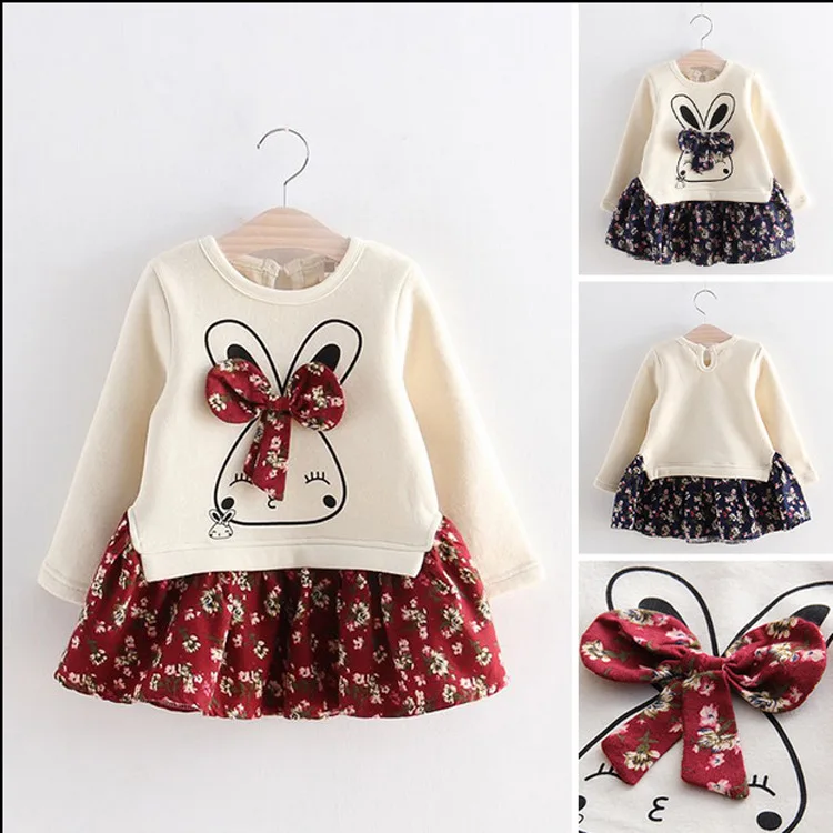 

Girl Dress 2019 Long Sleeve Kids Sweet Dresses Children School Round Neck Cartoon vestidos Spring Autumn Dress With Big Bow