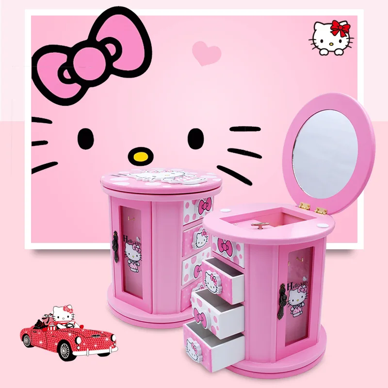 Деревянная вращающаяся шкатулка hello kitty с музыкальной кошкой KT, контейнер для хранения бусин, ящики для косметики, органайзер для макияжа