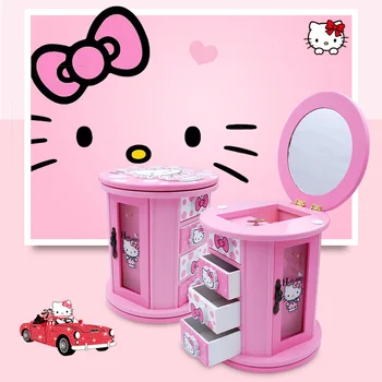 

Wooden Rotating Hello Kitty Jewelry Box with Music KT Cat Desktop Bead Storage Containers Bins Cosmetic Drawer Makeup Organizer