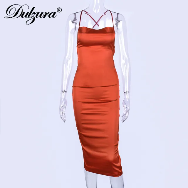 Dulzura neon satin lace up 2021 summer women bodycon long midi dress sleeveless backless elegant party outfits sexy club clothes 6