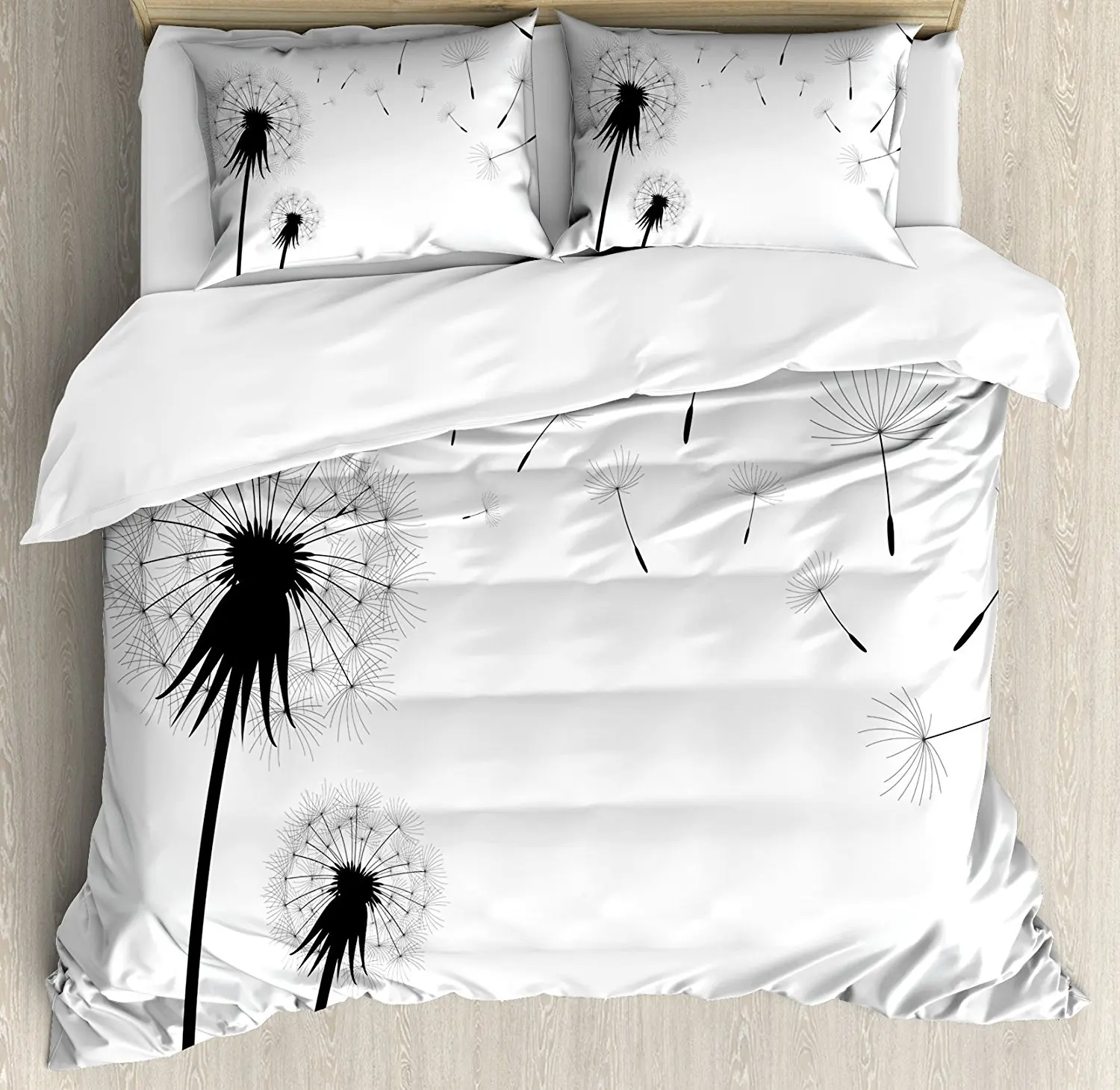 

Dandelion Duvet Cover Set Seed Blowing Away Floral Illustration Monochrome Arrangement Romantic Pattern 4 Piece Bedding Set