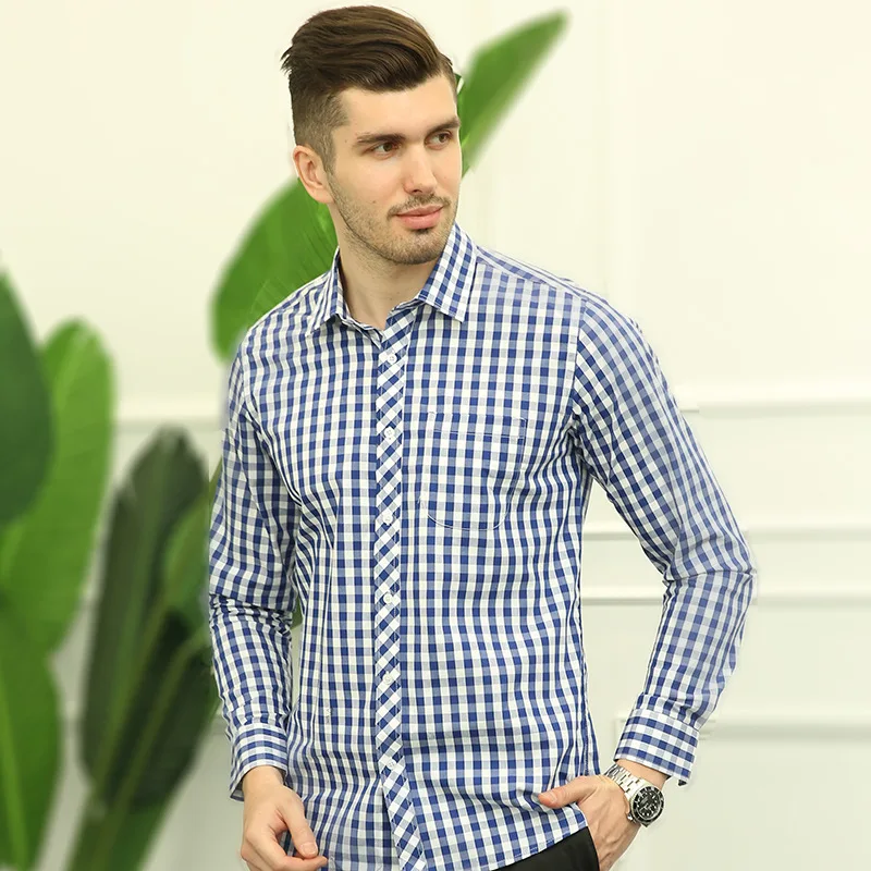 

New Autumn Fashion Hot Sale Plaid 100% Cotton Business Casual Shirt Long Sleeve Men Shirt With Left Chest Pocket High Quality