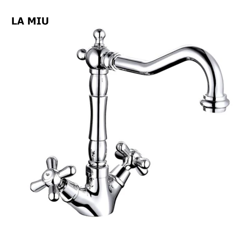 

LA MIU Free Shipping Kitchen, Basin Faucet Dual Handle Dual Control Mixer Cold and Hot Kitchen Tap 360 Rotation Grifo AM 3113