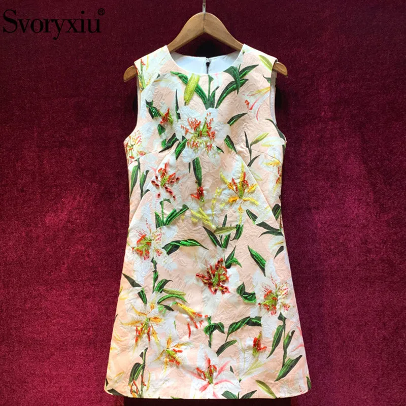 

Svoryxiu Runway Custom Jacquard Tank Summer Dress Women's luxury Beading Pink lily Flower Printed Party A-Line Mini Dress