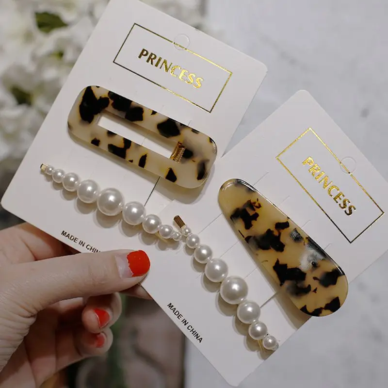 

Korea Imitation Pearl Hair Clips Acetic Acid Leopard Hairpin Geometric Rectangle Waterdrop Hair Clips Women Hair Accessories