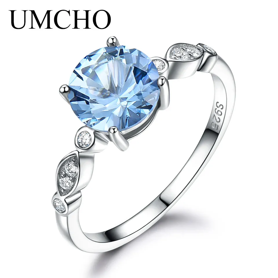 UMCHO Sky Blue Topaz Silver Ring Female Solid 925 Sterling Silver Rings For Women Wedding Band Birthstone Aquamarine Gemstone