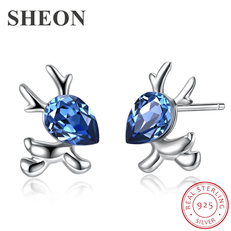 

SHEON Christmas Earrings 925 Sterling Silver Cute Elk Stud Earrings With Blue Crystal for Women Sterling Silver Jewelry Gift
