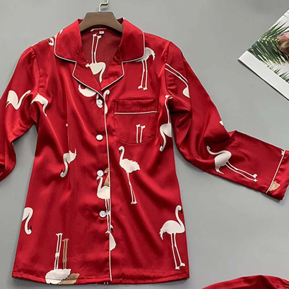 Новинка, модная женская летняя пижама с длинным рукавом, ночная рубашка с принтом, сатиновый топ, брюки, комплекты, темно-синий, красный, розовый цвет, размеры M, L, XL
