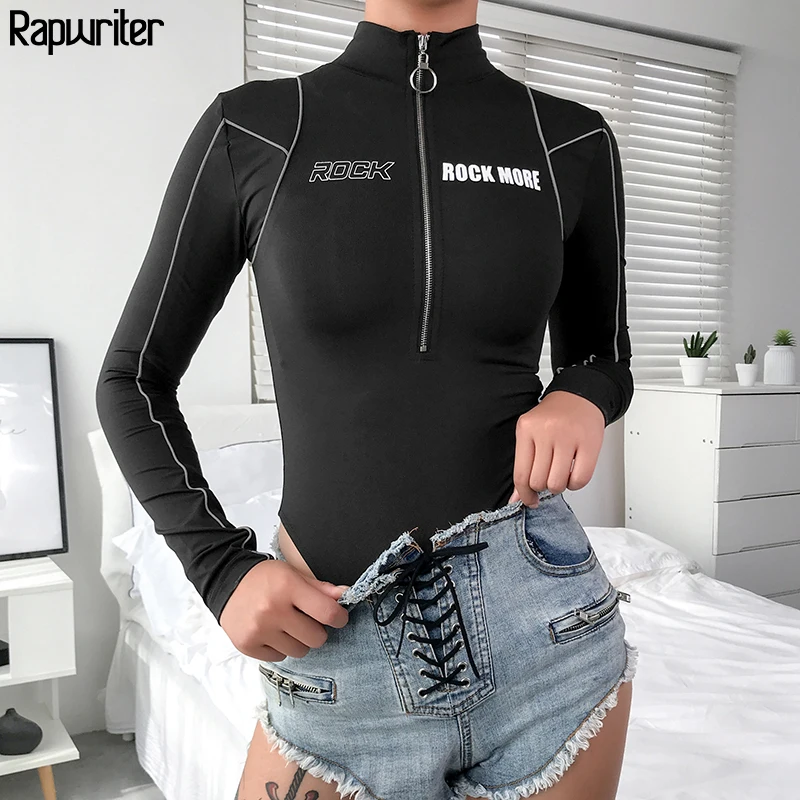 Rapwriter Skinny Turtleneck Ring Zipper Reflective Stripes Bodysuits Women 2020 Autumn Long Sleeve Bodycon Sheer Letter Bodysuit Rapwriter Skinny Turtleneck Ring Zipper Reflective Stripes Bodysuits Women 2020 Autumn Long Sleeve Bodycon Sheer Letter Bodysuit