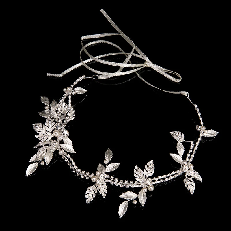 

Handmade Silver Color Rhinestone Crystal Hair Band Leaf Ribbon Wedding Headband Pearl Hairpiece Bridal Hair accessories