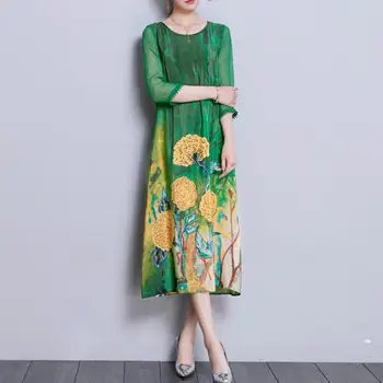 

Autumn Summer Casual Women Printed Floral Pattern 3/4 Sleeve Loose Silk Dress , Fall Female Woman Colored Green Red Long Dresses
