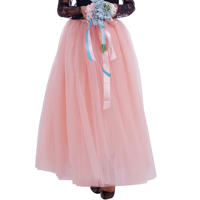 7 слоев 100 см длинные тюлевые юбки для женщин длина до пола модная плиссированная юбка для свадьбы невесты юбка для подружки невесты Faldas Jupe Saias - Цвет: peach