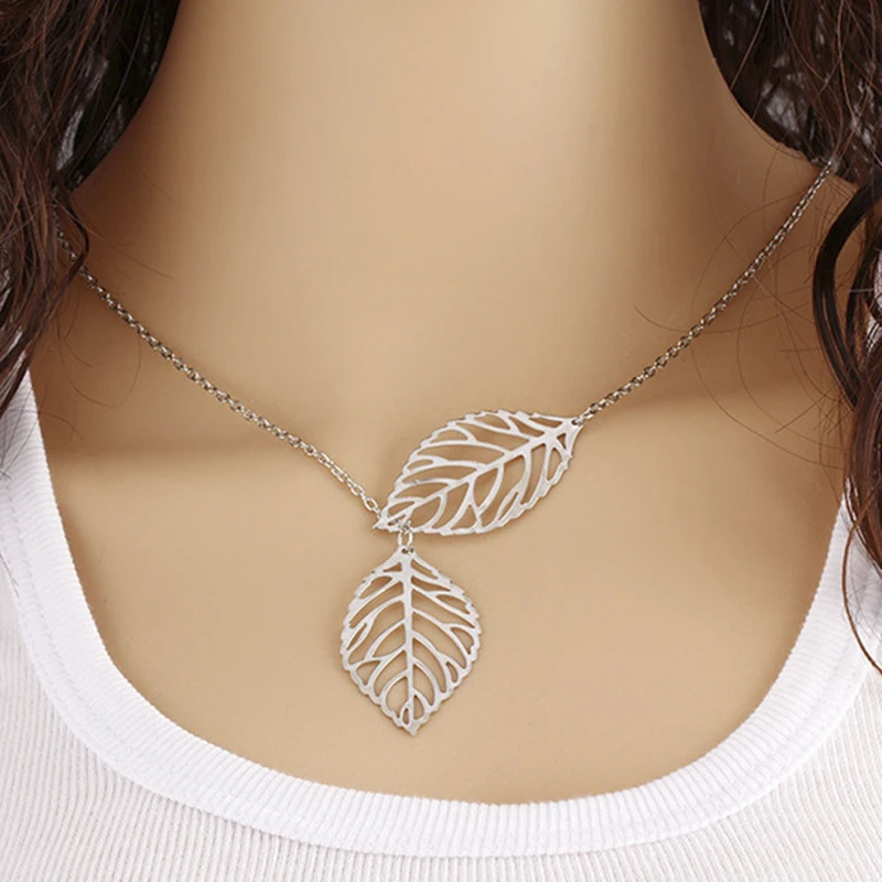 

Free Shipping Vintage Double Leaves Pendant Women Necklaces Collier Clavicle Chain Collares Statement Jewelry